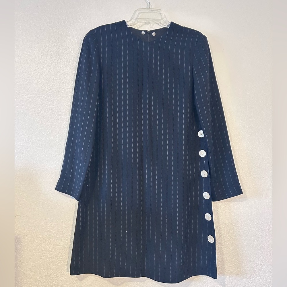 Vintage Liz Claiborne 90s Black Pinstripe Shift Dress –‎ Button Detail SZ 6